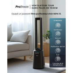 Pro Breeze Ventilateur sans rotor 105 cm purificateur d'air oscillant 75° télécommande filtre HEPA 13 écran LED 10 vitesses très