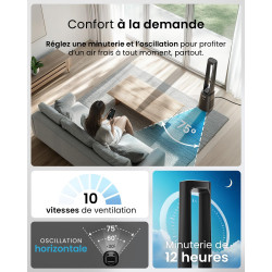 Pro Breeze Ventilateur sans rotor 105 cm purificateur d'air oscillant 75° télécommande filtre HEPA 13 écran LED 10 vitesses très