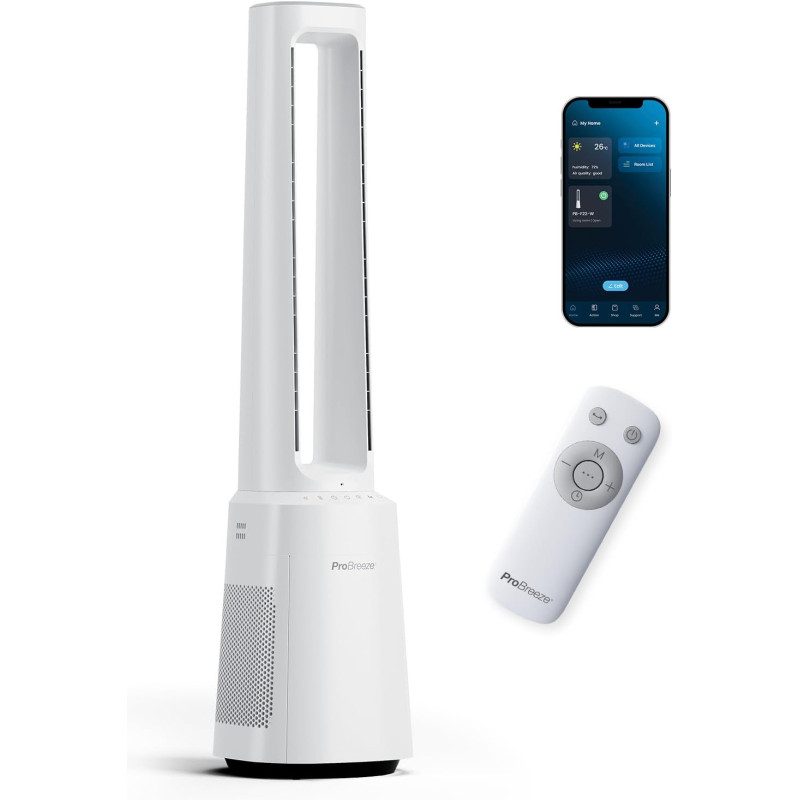 Pro Breeze OmniAir Ventilateur Colonne Purificateur d'Air, Ventilateur Sans Pale 105cm Silencieux, Tour avec Filtre HEPA, Wi-Fi,