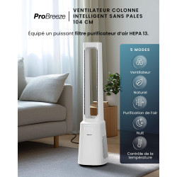 Pro Breeze OmniAir Ventilateur Colonne Purificateur d'Air, Ventilateur Sans Pale 105cm Silencieux, Tour avec Filtre HEPA, Wi-Fi,