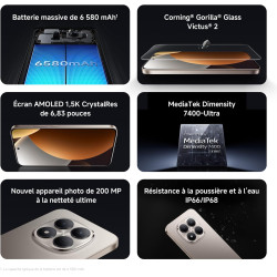 Xiaomi rougemi note 15 pro 5g, smartphone 8+512 go, batterie massive de 6580 mah, ip66/ip68, nouvel appareil photo 200 mp, écran