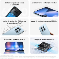 Xiaomi rougemi note 15, smartphone 6+128go, batterie longue autonomie 6000mah, résistance à l'eau ip64, appareil photo ultra-net