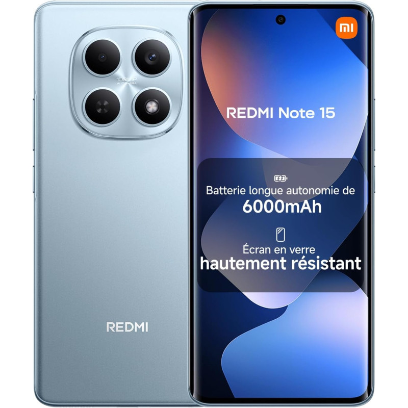 Xiaomi rougemi note 15, smartphone 8+128go, batterie longue autonomie 6000mah, résistance à l'eau ip64, appareil photo ultra-net