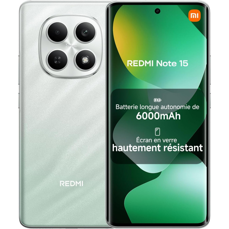 Xiaomi rougemi note 15, smartphone 6+128go, batterie longue autonomie 6000mah, résistance à l'eau ip64, appareil photo ultra-net