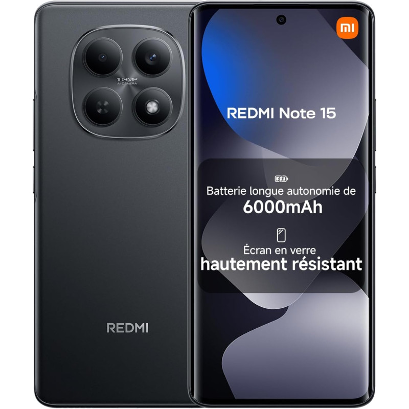Xiaomi rougemi note 15, smartphone 6+128go, batterie longue autonomie 6000mah, résistance à l'eau ip64, appareil photo ultra-net