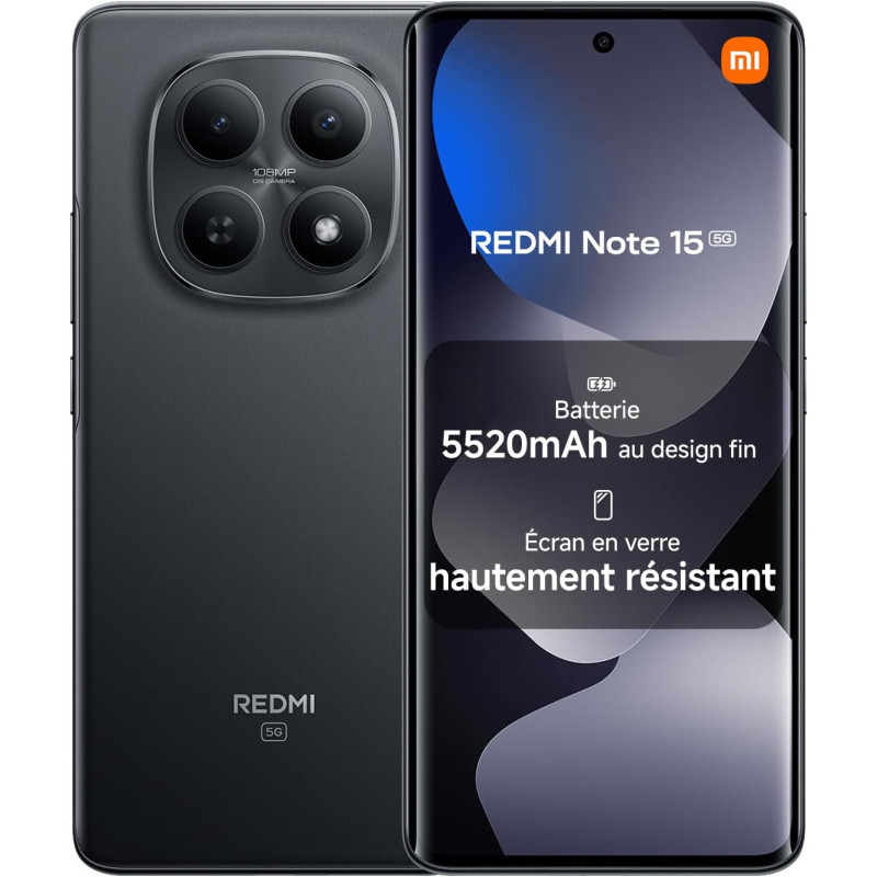 Xiaomi rougemi note 15 5g, smartphone 6+128go, design ultra fin, résistance à l'eau ip65, appareil photo ultra-net 108 mpx, écra