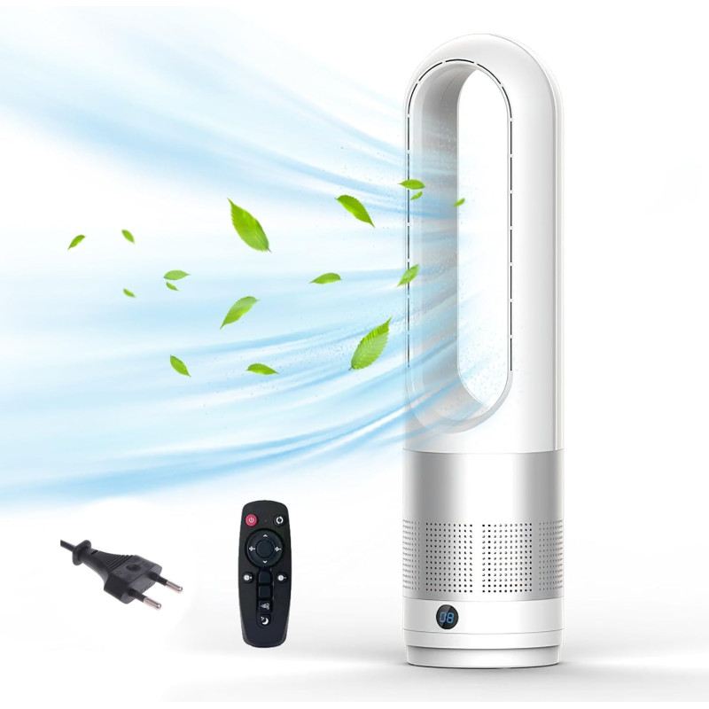 Ventilateur tour sans rotor avec purificateur d'air, 45,7 cm, silencieux, avec télécommande, 8 vitesses, oscillation à 80°, minu