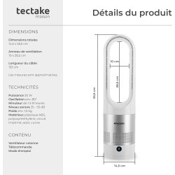 tectake® Ventilateur Colonne Ventilateur Silencieux & Oscillant 80°, 8 Vitesses Minuterie avec Télécommande Ecran LED Ventilateu
