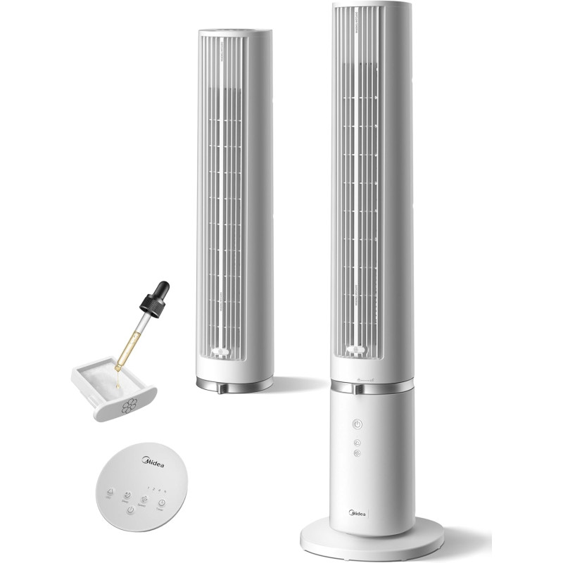 Midea Ventilateur Tour Blanc 103cm pour Chambre, Refroidissement Puissant 9m/s, Omni-Télécommande, Oscillation 90° avec Design I