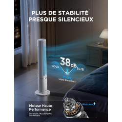 Midea Ventilateur Tour Blanc 103cm pour Chambre, Refroidissement Puissant 9m/s, Omni-Télécommande, Oscillation 90° avec Design I