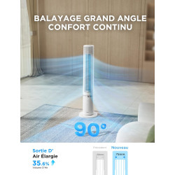 Midea Ventilateur Tour Blanc 103cm pour Chambre, Refroidissement Puissant 9m/s, Omni-Télécommande, Oscillation 90° avec Design I