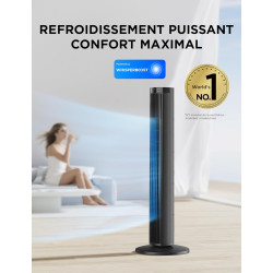 Midea Ventilateur Colonne Silencieux 45W, Tour Noir 97cm, Contrôle Électronique, Design Compact 32x32cm, Léger 3.7kg pour Chambr