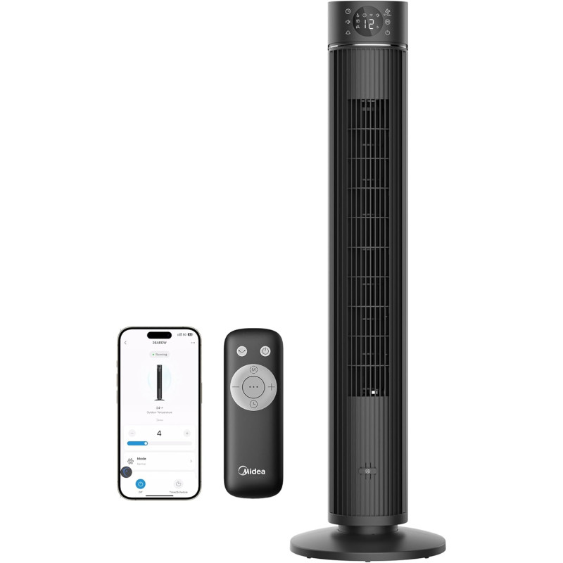 Midea Ventilateur Colonne Silencieux 32dB, Moteur DC 38W, Tour 105cm avec Contrôle Électronique, Design Compact 30x30cm, Gris Ti