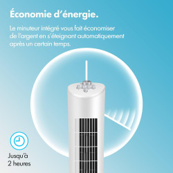 VonHaus 80 cm Ventilateur Colonne 60W Blanc, Ventilateur Sur Pied Oscillant à 70° avec 2H Minuterie, 3 Vitesses, Autonome, Venti