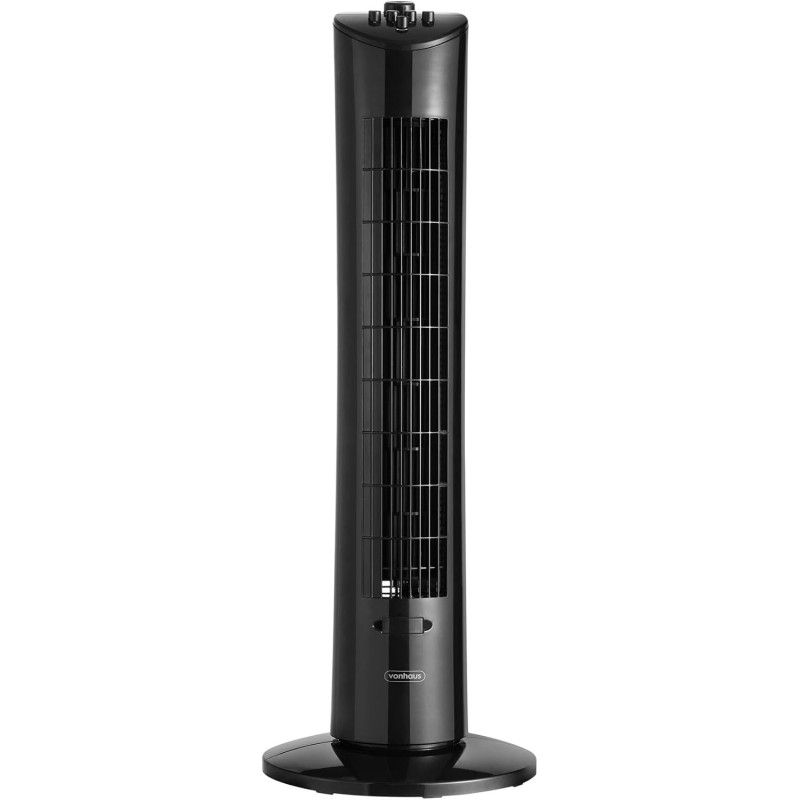 VonHaus 80 cm Ventilateur Colonne 60 W Noir, Ventilateur Sur Pied Oscillant à 70° avec 2H Minuterie, 3 Vitesses, Autonome, Venti