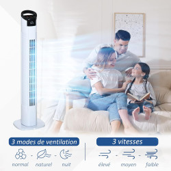 HOMCOM Ventilateur colonne silencieux 50 W, ventilateur tour pour chambre avec 3 modes 3 vitesses, télécommande, oscillant 70°, 