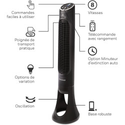 Honeywell HYF290E4 Ventilateur Tour QuietSet Puissant et Ultra Silencieux-avec télécommande-HYF290E, Noir