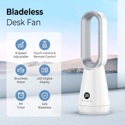 Ventilateur Colonne Sans Pales, Ventilateur Tour Silencieux avec Télécommande, 8 Vitesses, Moteur Brushless, Rotation Horizontal