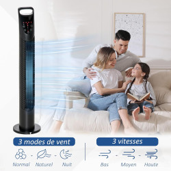 HOMCOM Ventilateur colonne silencieux 40 W, ventilateur tour pour chambre avec 3 modes 3 vitesses, télécommande, oscillant 70°, 