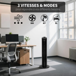 Ventilateur Colonne Tour Silencieux, hauteur 74 cm, Oscillant 70°, Ventilateur sur Pied avec Télécommandé, 3 Niveaux de Vitesse,