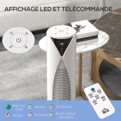 HOMCOM Ventilateur colonne, avec télécommande, minuterie 12 heures, mode veille, 3 vitesses, ventilateur tour oscillant pour mai