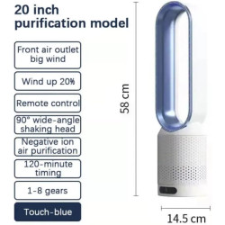 Ventilateur Colonne Sans Pale,Ventilateur Silencieux de 58 cm,Oscillation 90°, 8 Vitesses, Écran Tactile LED, Minuterie Et Téléc