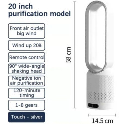 Ventilateur Colonne Sans Pale,Ventilateur Silencieux de 58 cm,Oscillation 90°, 8 Vitesses, Écran Tactile LED, Minuterie Et Téléc