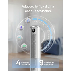 DREO Ventilateur colonne intelligent 554S, ventilateur sur pied réglable 102–114 cm, 8.4 m/s, oscillation 90°, silencieux 20 dB,