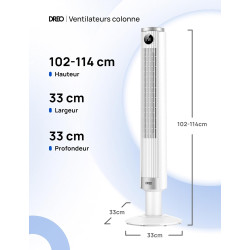 DREO Ventilateur colonne intelligent 554S, ventilateur sur pied réglable 102–114 cm, 8.4 m/s, oscillation 90°, silencieux 20 dB,