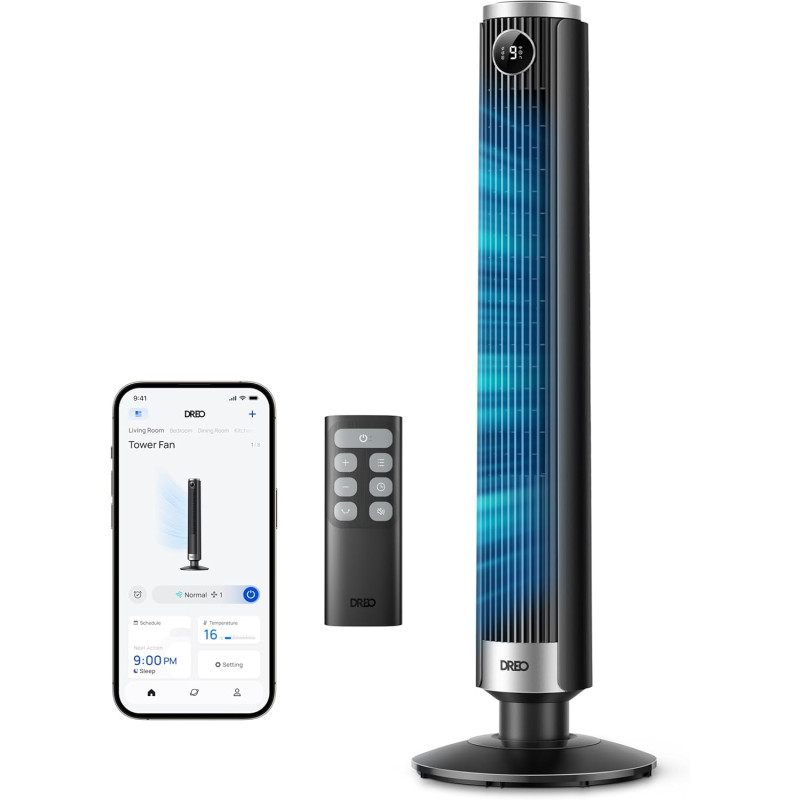DREO Ventilateur colonne intelligent 554S, ventilateur sur pied réglable 102–114 cm, 8.4 m/s, oscillation 90°, silencieux 20 dB,