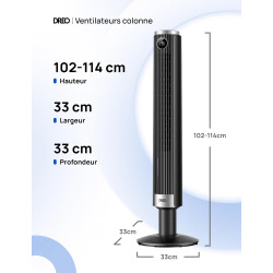 DREO Ventilateur colonne intelligent 554S, ventilateur sur pied réglable 102–114 cm, 8.4 m/s, oscillation 90°, silencieux 20 dB,