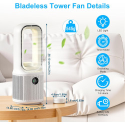 13''Ventilateur Sans Pales, 9Vitesses de Ventilation, Rotation à 60°, Veilleuse LED Tricolore à Intensité Variable&Minuterie,Fon