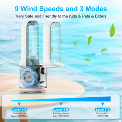 13''Ventilateur Sans Pales, 9Vitesses de Ventilation, Rotation à 60°, Veilleuse LED Tricolore à Intensité Variable&Minuterie,Fon