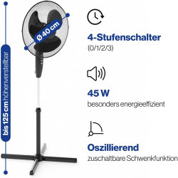 CLATRONIC VL 3603 S - Ventilateur - 50 W - Hauteur réglable - 3 vitesses - 4 niveaux (0-1-2-3) - Noir