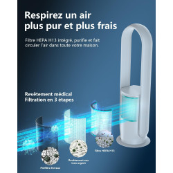 Ventilateur Tour Sans Pales, ULTTY Ventilateur avec Purificateur D'air Silencieux Avec H13 HEPA Filtre Télécommande, Hauteur 80 