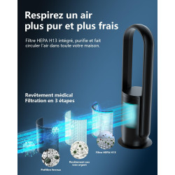 Ventilateur Tour Sans Pales, ULTTY Ventilateur avec Purificateur D'air Silencieux Avec H13 HEPA Filtre Télécommande, Hauteur 80 