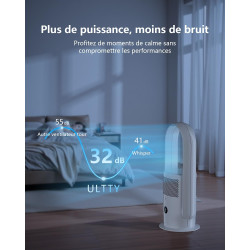Ventilateur Tour Sans Pales, ULTTY Ventilateur avec Purificateur D'air Silencieux Avec H13 HEPA Filtre Télécommande, Hauteur 60 