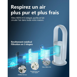 Ventilateur Tour Sans Pales, ULTTY Ventilateur avec Purificateur D'air Silencieux Avec H13 HEPA Filtre Télécommande, Hauteur 60 