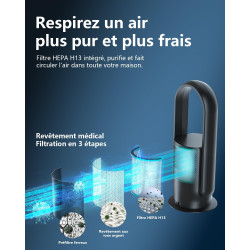 Ventilateur Tour Sans Pales, ULTTY Ventilateur avec Purificateur D'air Silencieux Avec H13 HEPA Filtre Télécommande, Hauteur 60 