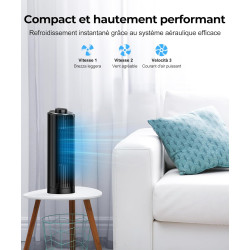 PNTCK Petit ventilateur tour de 33 cm - Silencieux - Avec 3 vitesses - Oscillant à 70° - Vitesse 7 m/s - Très silencieux - Pour 