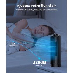 PNTCK Petit ventilateur tour de 33 cm - Silencieux - Avec 3 vitesses - Oscillant à 70° - Vitesse 7 m/s - Très silencieux - Pour 