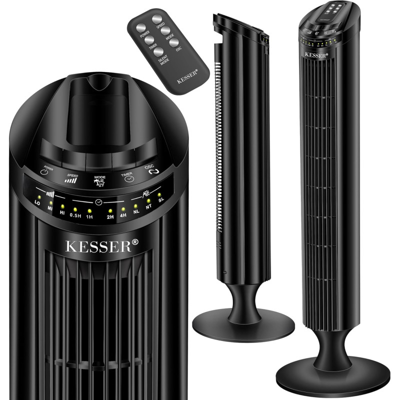 KESSER® Ventilateur de Tour Avec Télécommande | Angle d'Oscillation 90° | 3 Niveaux | 90 cm | Fonction Minuterie et Turbo | Colo