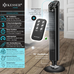 KESSER® Ventilateur de Tour Avec Télécommande | Angle d'Oscillation 90° | 3 Niveaux | 90 cm | Fonction Minuterie et Turbo | Colo