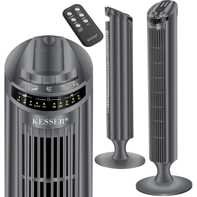 KESSER® Ventilateur tour avec télécommande - Angle d'oscillation à 90° - 3 niveaux - 90 cm - Fonction minuterie - Fonction turbo