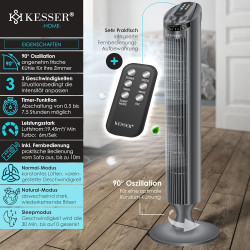 KESSER® Ventilateur tour avec télécommande - Angle d'oscillation à 90° - 3 niveaux - 90 cm - Fonction minuterie - Fonction turbo