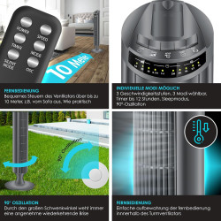KESSER® Ventilateur tour avec télécommande - Angle d'oscillation à 90° - 3 niveaux - 90 cm - Fonction minuterie - Fonction turbo