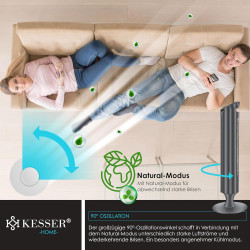 KESSER® Ventilateur tour avec télécommande - Angle d'oscillation à 90° - 3 niveaux - 90 cm - Fonction minuterie - Fonction turbo