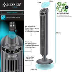 KESSER® Ventilateur tour avec télécommande - Angle d'oscillation à 90° - 3 niveaux - 90 cm - Fonction minuterie - Fonction turbo