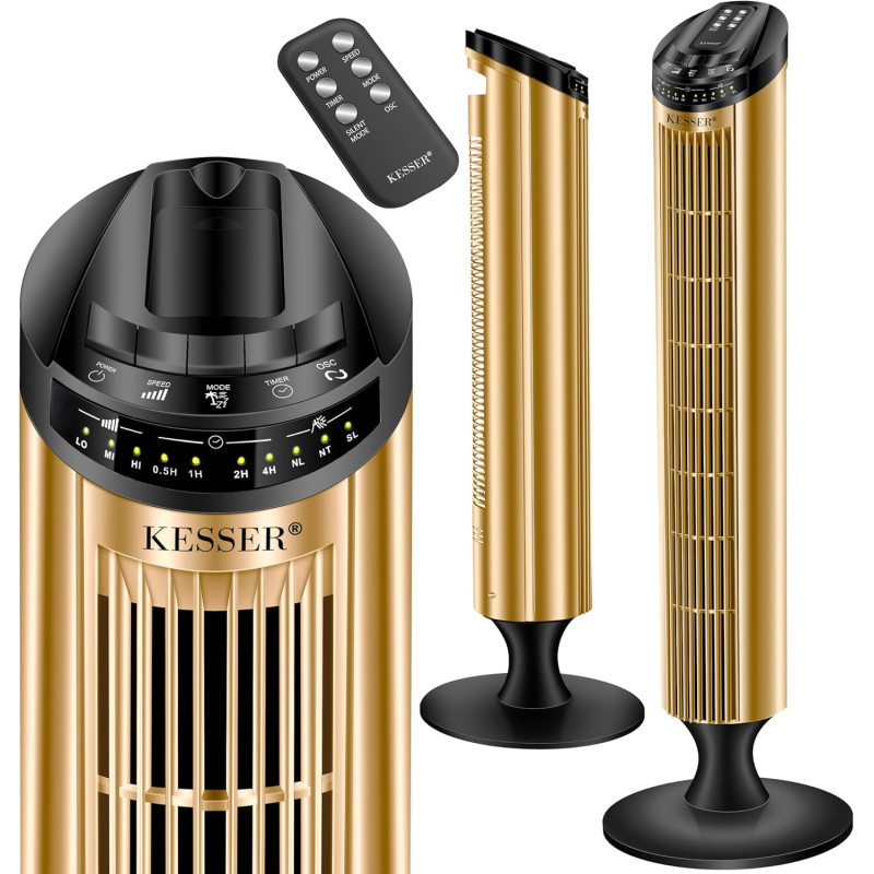 KESSER® Ventilateur de Tour Avec Télécommande | Angle d'Oscillation de 90° | 3 Niveaux | 90 cm | Fonction Minuterie et Turbo | C