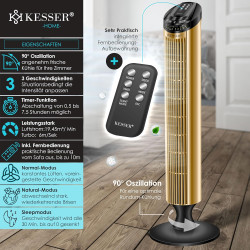 KESSER® Ventilateur de Tour Avec Télécommande | Angle d'Oscillation de 90° | 3 Niveaux | 90 cm | Fonction Minuterie et Turbo | C